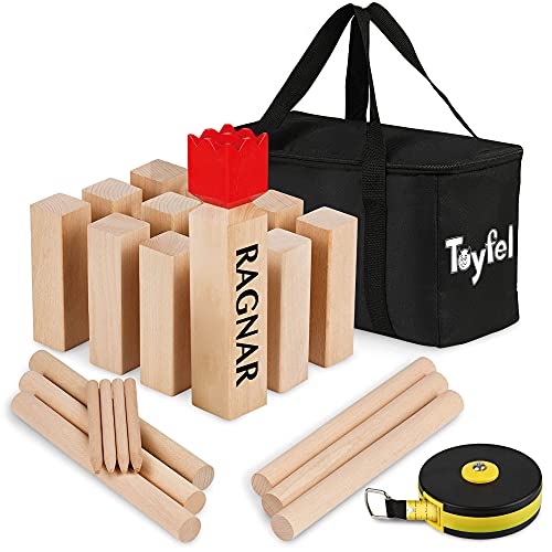 Toyfel Schwedenschach XXL – Kubb Spiel aus Massivholz Geschicklichkeitsspiel - Outdoor Spiel mit praktischer Tragetasche & Bandmaß Wurf Schach FSC-Zertifiziertes Holzspiel Garten – Ragnar von Toyfel