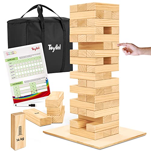 XXL Wackelturm Riesen Stapelturm Outdoor Spiel - Toyfel® Wackelturm Holz 0,7-1,2m hoch Bodenplatte, Tragetasche, Punktetafel Familienspiele Holz FSC® Gartenspiele Spiele für draußen Tip Tower von Toyfel