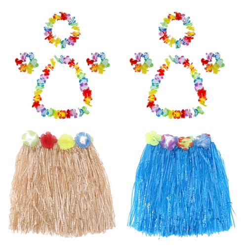 10 Stück Hawaiian Hula Rock Kostüm Set, Hawaiian Party Fancy Dress Gras Röcke Hawaiian Blume Leis Girlanden Armbänder Stirnband Halskette Kostüme für Sommer Strand Tropische Party (Stroh+Blau) von Toyhood