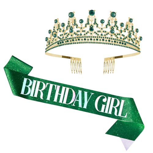Geburtstag Mädchen Schärpe & Strass Tiara Set, Geburtstag Schärpe und Krone für Frauen Mädchen Glitter Strass Kristall Stirnband Frauen Mädchen Geburtstag Party Zubehör Dekoration (Grün) von Toyhood