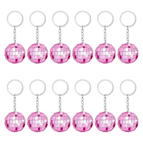 Toyhood 12 Stück rosa Spiegel Discokugel Schlüsselanhänger Glitzer Mini Ball Schlüsselanhänger Retro 70er 80er Jahre Disco Party Supplies 1970er Jahre Party Favors Schlüsselanhänger Halloween von Toyhood