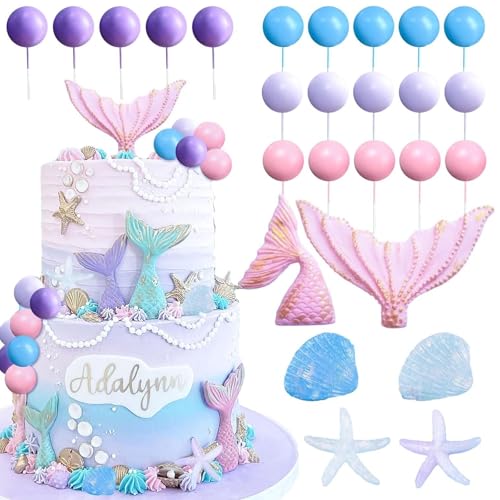 Toyhood 26 Stück Meerjungfrauen-Thema-Kuchendekorationen, bunte Kugel-Kuchendekoration, Ozean-Party, Meerjungfrauenschwanz, Seestern, Geburtstagsdekorationen, für Geburtstag, Babyparty, Hochzeit von Toyhood