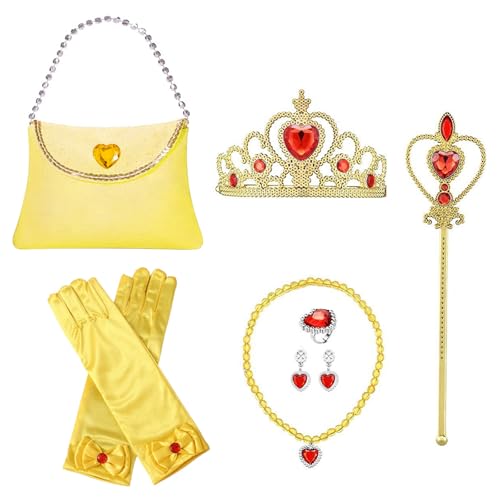 Toyhood 9 Stück Prinzessin Zubehör für Mädchen, Prinzessin Kostüm Dress Up Zubehör, Enthalten Krone, Handschuhe, Zauberstab, Halskette, Ring, Ohrring, Geldbeutel, für Cosplay Kleid Kostüme (Gelb) von Toyhood