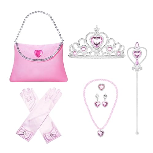 Toyhood 9 Stück Prinzessin Zubehör für Mädchen, Prinzessin Kostüm Dress Up Zubehör, Enthalten Krone, Handschuhe, Zauberstab, Halskette, Ring, Ohrring, Geldbeutel, für Cosplay Kleid Kostüme (Rosa) von Toyhood
