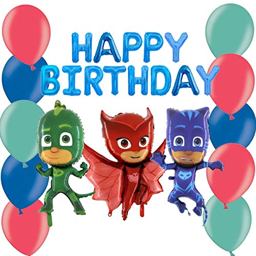 PJ Masks Balloon Pack - Enthält 16 "Blue Happy Birthday Ballon Banner, 36" Owlette Folienballon, 36 "Catboy Folienballon & 36" Gekko Folienballon & 30 12 "Latex in Rot, Blau & Grün von Toyland