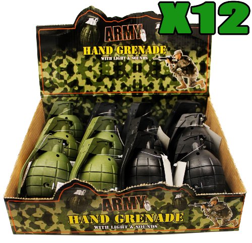 TOYLAND 12 x Toy Handgranaten mit realistischen Sound & Light IN grün und schwarz in Display Box Army von Toyland