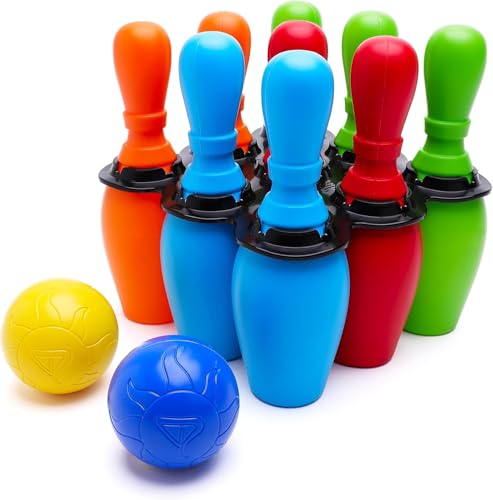 Toyland® 12-Teiliges, Farbenfrohes Bowling-Set für Kinder – 9 Kegel, 2 Runde Bälle und 1 Halter – Spielzeug für Drinnen und Draußen – Spiele für den Familiengarten von Toyland