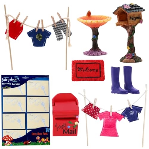 Toyland® 12-teiliges Feengarten-Zubehör-Set und 1 Packung Aufkleber – Miniatur-Feen-Zubehör inklusive Wäscheleine von Toyland