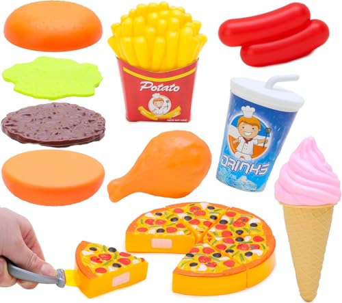 Toyland® 16-teiliges Fast-Food-Spielset - Enthält: 6 Stück Pizza, 1 auseinanderziehbarer Cheeseburger von Toyland