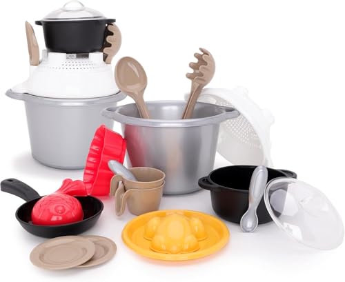 Toyland® 16-Teiliges Kochutensilien und Lebensmittelset – 1 Eimer, 1 Sieb, 1 Huhn, 1 Fisch, 2 Tassen mit Untertassen und 8 Kochutensilien Enthalten – Garten und Strandspielzeug - Alter 2 Jahre von Toyland