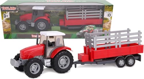 Toyland® - Landwirtschaftstraktor und 22,5 cm Regentonne/Anhänger, Freilauf-Action, landwirtschaftliches Spielzeug für Jungen (Roter Anhänger) von Toyland
