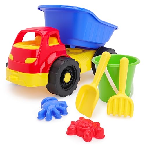 Toyland® 33cm (13 Zoll) Kipplaster-Fahrzeug & 5-Teiliges Set mit Eimer & Schaufel – Sand, Wasser & Strandspielzeug – Gartenspielzeug – Ab 18 Monaten von Toyland