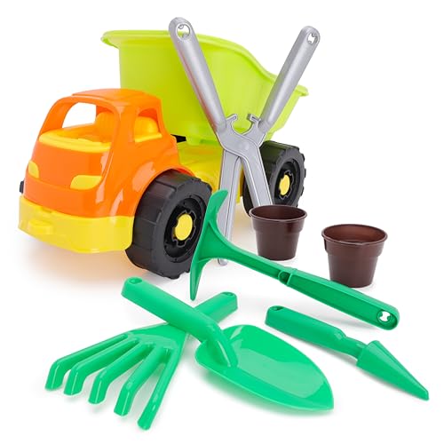 Toyland® 33 cm (13 Zoll) Muldenkipper & 7-teiliges Gartenset – Rechen, Spaten, Blumentöpfe, Schere, Spitzhacke & Pflanzholz – Strandspielzeug – Gartenspielzeug für draußen – Ab 2 Jahren von Toyland