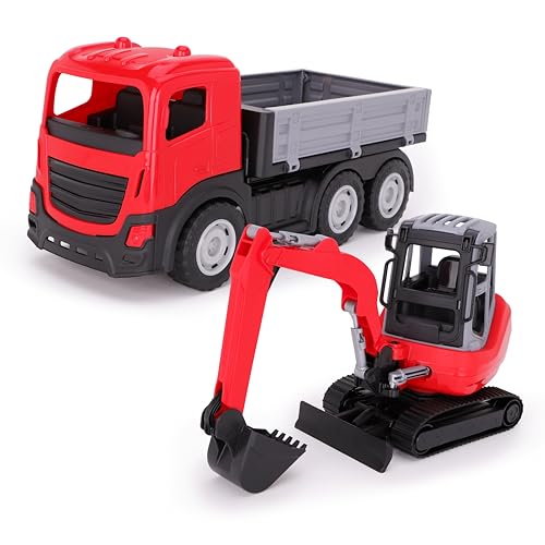 Toyland® 38 cm (15 Zoll) Rot-Grauer 6-Rad-LKW mit Minibagger, realistisch beweglichen Rädern und kippbaren Teilen – Spielzeug-Baufahrzeuge von Toyland