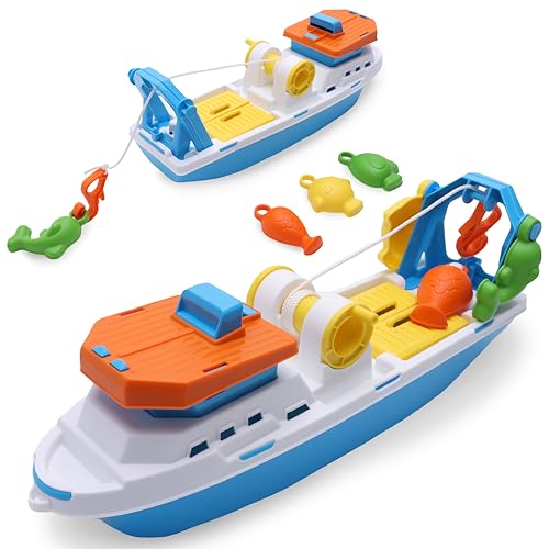 Toyland® 40cm (16") Buntes Fischerboot mit Beweglichen Türen, Angelhaken und 4 Plastikfischen – Schwimmendes Wasserspielzeug für Kinder – Pool- und Badespielzeug – Ab 3 Jahren von Toyland