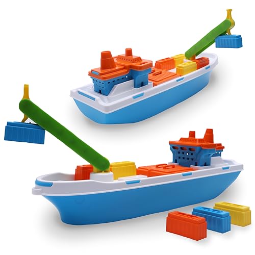Toyland® 41cm (16") Buntes Frachtschiff mit Beweglichen Türen, Kran und 6 Kunststoffbehältern – Schwimmendes Wasserspielzeug für Kinder – Pool und Badespielzeug – Ab 3 Jahren von Toyland