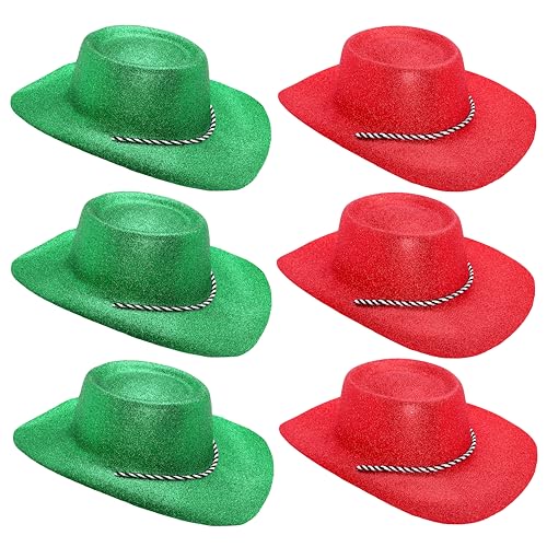 Toyland® 6er-Pack glitzernde Cowboyhüte – 3 rote und 3 grüne – Größe 34 cm – Perfekt für EM, WM und Olympische Spiele von Toyland