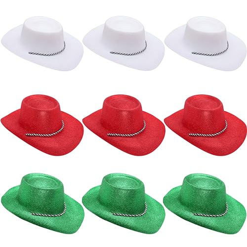 Toyland® 9er-Pack Glitzer-Cowboyhüte – 3 weiße, 3 rote und 3 grüne – Größe 34 cm (13 Zoll) – Perfekt für EM, WM und Olympische Spiele von Toyland