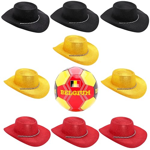 Toyland® Belgien-Themen-Fußballpaket–1 x Fußball(3,6 kg/Größe 5) und 9 glitzernde Cowboyhüte–3 schwarz,3 gelb & 3 rot(34 cm/13 Zoll)–perfekt für Euros,Weltmeisterschaft und Festival von Toyland