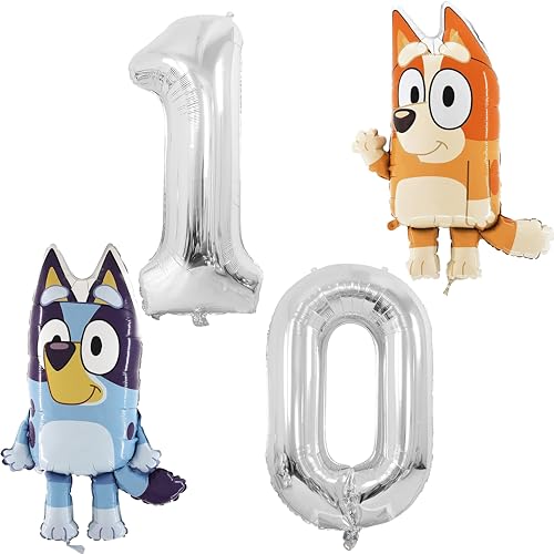 Toyland® Bluey-und-Bingo-Folienballonpaket – 2 x 81,3cm (32") Große Charakterballons und 2 x 101,6cm (40") Große Zahlenballons (10) von Toyland