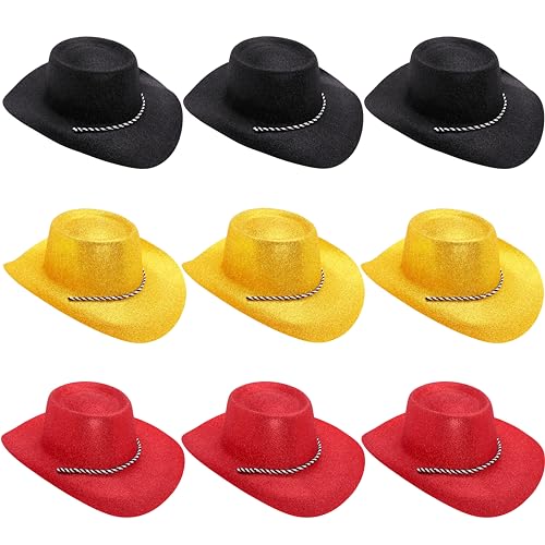 Toyland® Packung mit 9 Glitzer-Cowboyhüten mit Deutschland Farbthema – 3 Schwarz, 3 Rot und 3 Gelb – Größe 34 cm (13 Zoll) – Perfekt für Euro, Weltmeisterschaft und Festivals von Toyland