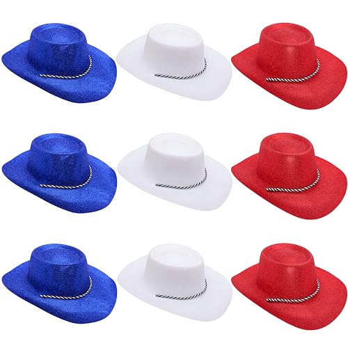 Toyland® Packung mit 9 Glitzer-Cowboyhüten mit Frankreich Farbthema – 3 Blau, 3 Weiß und 3 Rot – Größe 34 cm (13 Zoll) – Perfekt für Euro, Weltmeisterschaft und Festivals von Toyland