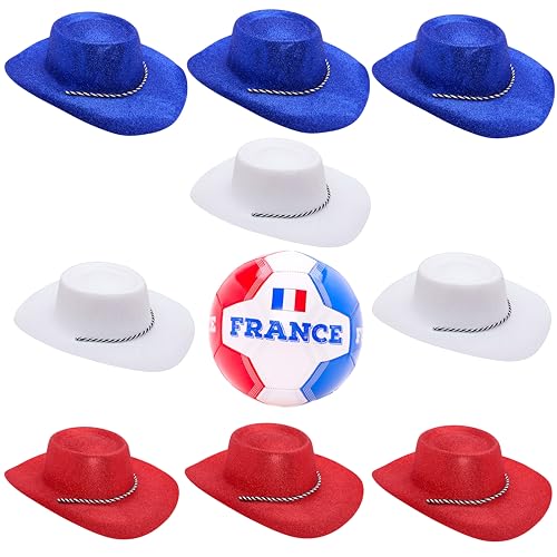 Toyland® Frankreich-Themen-Fußballpaket –1 x Fußball(8lbs/Größe 5) und 9 glitzernde Cowboyhüte–3 blaue,3 rote & 3 weiße (34 cm/13 Zoll)–perfekt für Euros,Weltmeisterschaft und Festival von Toyland