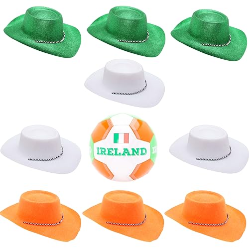 Toyland® Irland-Themen-Fußballpaket–1 x Fußball(3,6 kg/Größe 5) und 9 glitzernde Cowboyhüte–3 grün,3 weiß & 3 orange(34 cm/13 Zoll)–perfekt für Euros,Weltmeisterschaft und Festival von Toyland