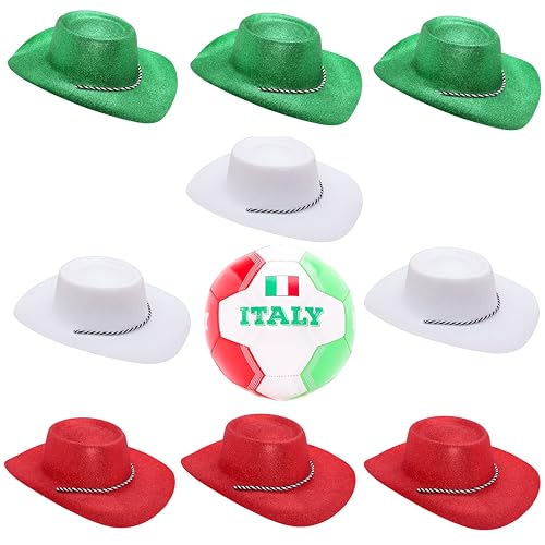 Toyland® Italien-Themen-Fußballpaket – 1 x Fußball (3,6 kg/Größe 5) und 9 glitzernde Cowboyhüte – 3 grün, 3 rot und 3 weiß (34 cm/13) – perfekt für EM, Weltmeisterschaft und Festivals von Toyland
