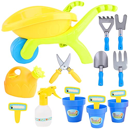 Toyland® Little Gardeners 14-teiliges Gartenwerkzeug-Set – beinhaltet: Wassersprüher, 3 x Blumentöpfe und Pflanzenanhänger, 5 x Gartengeräte, Gießkanne und Schubkarre – Spielzeug für den Außenbereich von Toyland