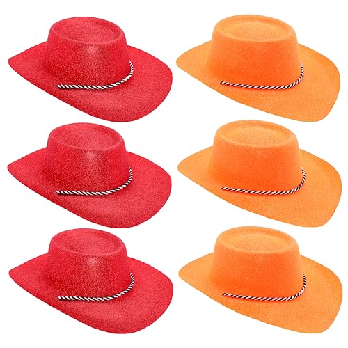 Toyland® 6er-Pack Glitzer-Cowboyhüte – 3 rote und 3 orangefarbene – Größe 34 cm – Perfekt für EM, WM und Olympische Spiele von Toyland