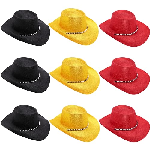 Toyland® Packung mit 9 Glitzer-Cowboyhüten mit Belgien Farbthema – 3 Schwarz, 3 Gold und 3 Rot – Größe 34 cm (13 Zoll) – Perfekt für Euro, Weltmeisterschaft und Festivals von Toyland