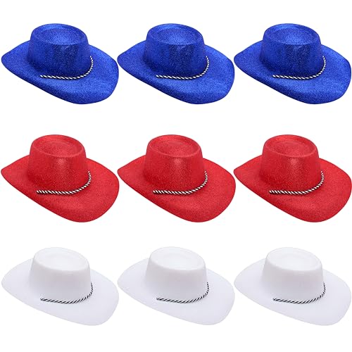 Toyland® Packung mit 9 Glitzer-Cowboyhüten mit USA Farbthema – 3 Blau, 3 Rot und 3 Weiß – Größe 34 cm (13 Zoll) – Perfekt für Euro, Weltmeisterschaft und Festivals von Toyland