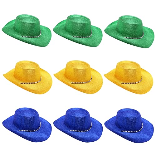 Toyland® Packung mit 9 Glitzer-Cowboyhüten mit brasilianischem Farbthema – 3 Gold, 3 Grün und 3 Blau – Größe 34 cm (13 Zoll) – Perfekt für Euro, Weltmeisterschaft und Festivals von Toyland