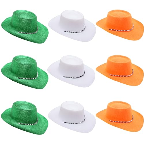 Toyland® Packung mit 9 Glitzer-Cowboyhüten mit Irland Farbthema – 3 Grün, 3 Weiß und 3 Orange – Größe 34 cm (13 Zoll) – Perfekt für Euro, Weltmeisterschaft und Festivals von Toyland