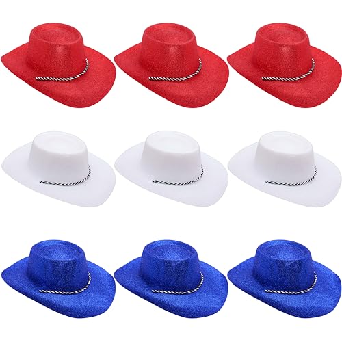 Toyland® Packung mit 9 Glitzer-Cowboyhüten mit niederländischem Farbthema – 3 Rot, 3 Weiß und 3 Blau – Größe 34 cm (13 Zoll) – Perfekt für EM, Weltmeisterschaft und Festivals von Toyland