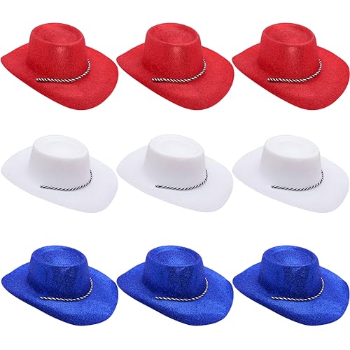 Toyland® Packung mit 9 Glitzer-Cowboyhüten mit Kroatien Farbthema – 3 Rot, 3 Weiß und 3 Blau – Größe 34 cm (13 Zoll) – Perfekt für Euro, Weltmeisterschaft und Festivals von Toyland