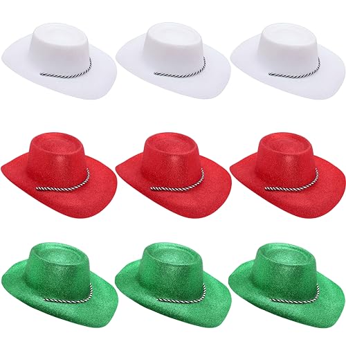 Toyland® Packung mit 9 Glitzer-Cowboyhüten mit Wales Farbthema – 3 Weiß, 3 Rot und 3 Grün – Größe 34 cm (13 Zoll) – Perfekt für Euro, Weltmeisterschaft und Festivals von Toyland