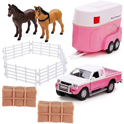 Toyland® Pink Truck & Pink Horse Box – Bauernhof-Spielset – 2 Pferde, 2 Ballen und Zaun inklusive – Metalldruckguss von Toyland