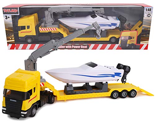 Toyland® Scania Pritschenschlepper Transporter mit Motorboot - Maßstab 1:48 - Freilauf (Gelber LKW) von Toyland