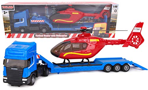 Toyland® Scania Pritschenschlepper mit Hubschrauber - Maßstab 1:48 - Freilauf - Transportspielzeugspielzeug - Fahrzeugsammelobjekte - Jungenspielzeug (Blauer LKW/roter Hubschrauber) von Toyland