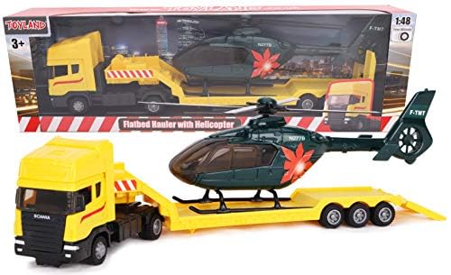 Toyland® Scania Pritschenschlepper mit Hubschrauber - Maßstab 1:48 - Freilauf - Transportspielzeugspielzeug - Fahrzeugsammelobjekte - Jungenspielzeug (Gelber LKW/grüner Hubschrauber) von Toyland