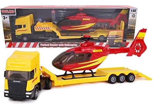 Toyland® Scania Pritschenschlepper mit Hubschrauber - Maßstab 1:48 - Freilauf - Transportspielzeugspielzeug - Fahrzeugsammelobjekte - Jungenspielzeug (Gelber LKW/roter Hubschrauber) von Toyland