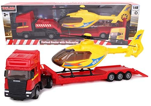 Toyland® Scania Pritschenschlepper mit Hubschrauber - Maßstab 1:48 - Freilauf - Transportspielzeugspielzeug - Fahrzeugsammelobjekte - Jungenspielzeug (Roter LKW/Gelber Hubschrauber) von Toyland