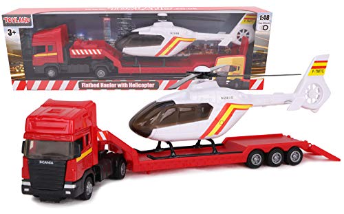 Toyland® Scania Pritschenschlepper mit Hubschrauber - Maßstab 1:48 - Freilauf - Transportspielzeugspielzeug - Fahrzeugsammelobjekte - Jungenspielzeug (Roter LKW/weißer Hubschrauber) von Toyland