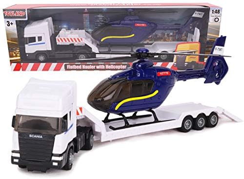 Toyland® Scania Pritschenschlepper mit Hubschrauber - Maßstab 1:48 - Freilauf - Transportspielzeugspielzeug - Fahrzeugsammelobjekte - Jungenspielzeug (Weißer LKW/Blauer Hubschrauber) von Toyland
