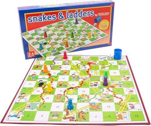 Toyland® 9-teiliges Schlangen- und Leiternspiel mit faltbarem Brett und Aufbewahrungsbox – Traditionelle Familienbrettspiele – ab 3 Jahren von Toyland