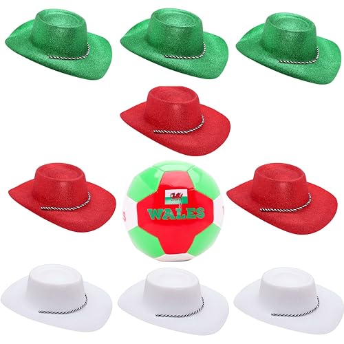 Toyland® Wales-Themen-Fußballpaket–1 x Fußball(8lbs/Größe 5) und 9 glitzernde Cowboyhüte–3 grün,3 weiß & 3 rot(34 cm/13 Zoll)–perfekt für Euros,Weltmeisterschaft und Festival von Toyland