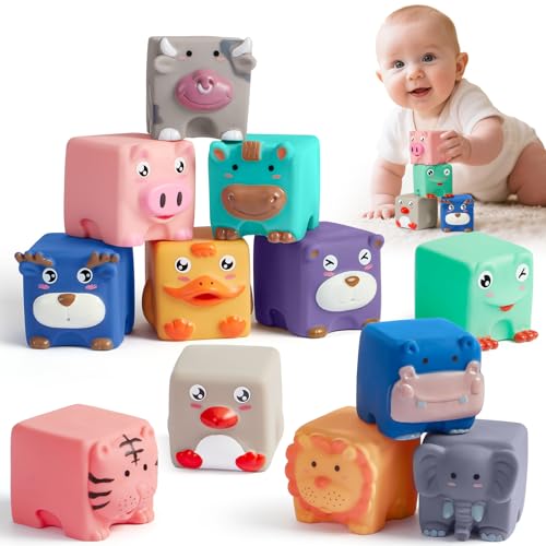 Toylink Baby Bausteine Stapelwürfel Bauklötze ab 1 Jahr Squeeze Zahnen Beißspielzeug mit Tierform Weiche Montessori Sensorik Spielzeug Stapelspielzeug Baby Geschenk Junge Mädchen ab 6 12 18 Monate von Toylink