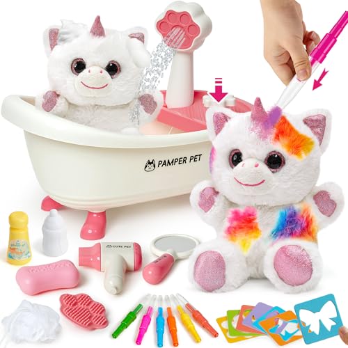 Toylink Einhorn Geschenke für Mädchen, Spielzeug Einhorn Kuscheltier mit Drück-Wasser-Badewanne & Waschbaren Buntstifte, Kreatives Geschenk Mädchen 4 5 6 7 8 Jahre für Geburtstag Weihnachten von Toylink